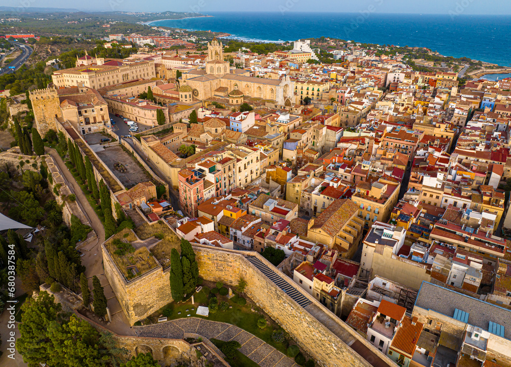 Aerial view of the Primatial Cathedral of Tarragona, a Roman Catholic church in Tarragona, Catalonia, Spain