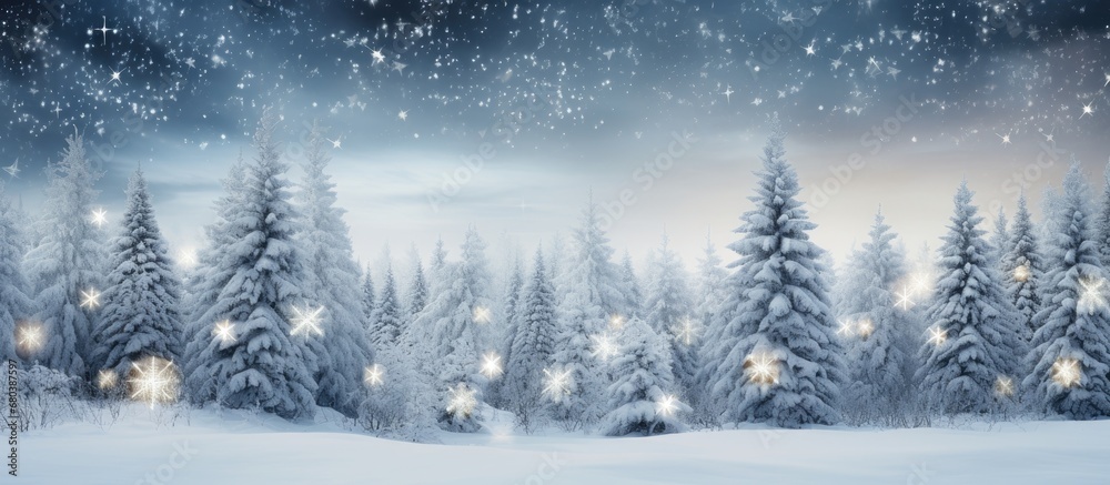 beautiful winter forest, with a white snowy background, a Christmas tree stands tall, adorned with sparkling lights, reflecting the beauty of nature. It creates a magical celebration, where the