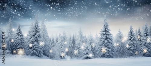 beautiful winter forest, with a white snowy background, a Christmas tree stands tall, adorned with sparkling lights, reflecting the beauty of nature. It creates a magical celebration, where the © AkuAku