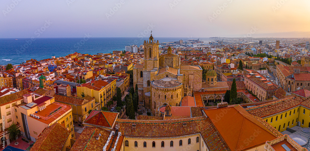 Aerial view of the Primatial Cathedral of Tarragona, a Roman Catholic church in Tarragona, Catalonia, Spain