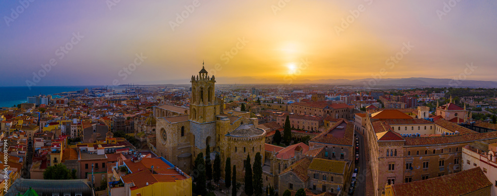 Aerial view of the Primatial Cathedral of Tarragona, a Roman Catholic church in Tarragona, Catalonia, Spain