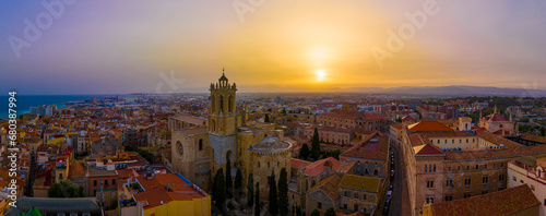 Obraz na płótnie Aerial view of the Primatial Cathedral of Tarragona, a Roman Catholic church in Tarragona, Catalonia, Spain w salonie