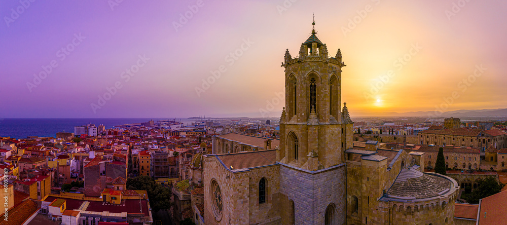 Aerial view of the Primatial Cathedral of Tarragona, a Roman Catholic church in Tarragona, Catalonia, Spain