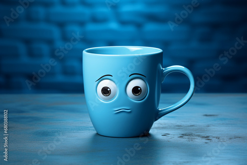 A blue cup with a sad face drawn on a blue background , Blue Monday concept