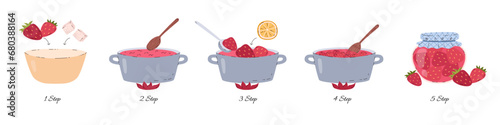 Strawberry jam recipe, cartoon vector illustration on white background