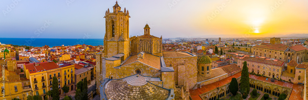 Aerial view of the Primatial Cathedral of Tarragona, a Roman Catholic church in Tarragona, Catalonia, Spain