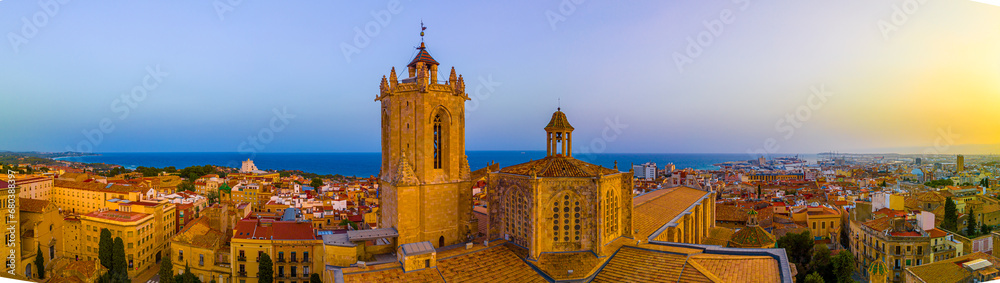 Aerial view of the Primatial Cathedral of Tarragona, a Roman Catholic church in Tarragona, Catalonia, Spain