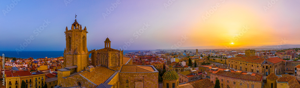 Aerial view of the Primatial Cathedral of Tarragona, a Roman Catholic church in Tarragona, Catalonia, Spain