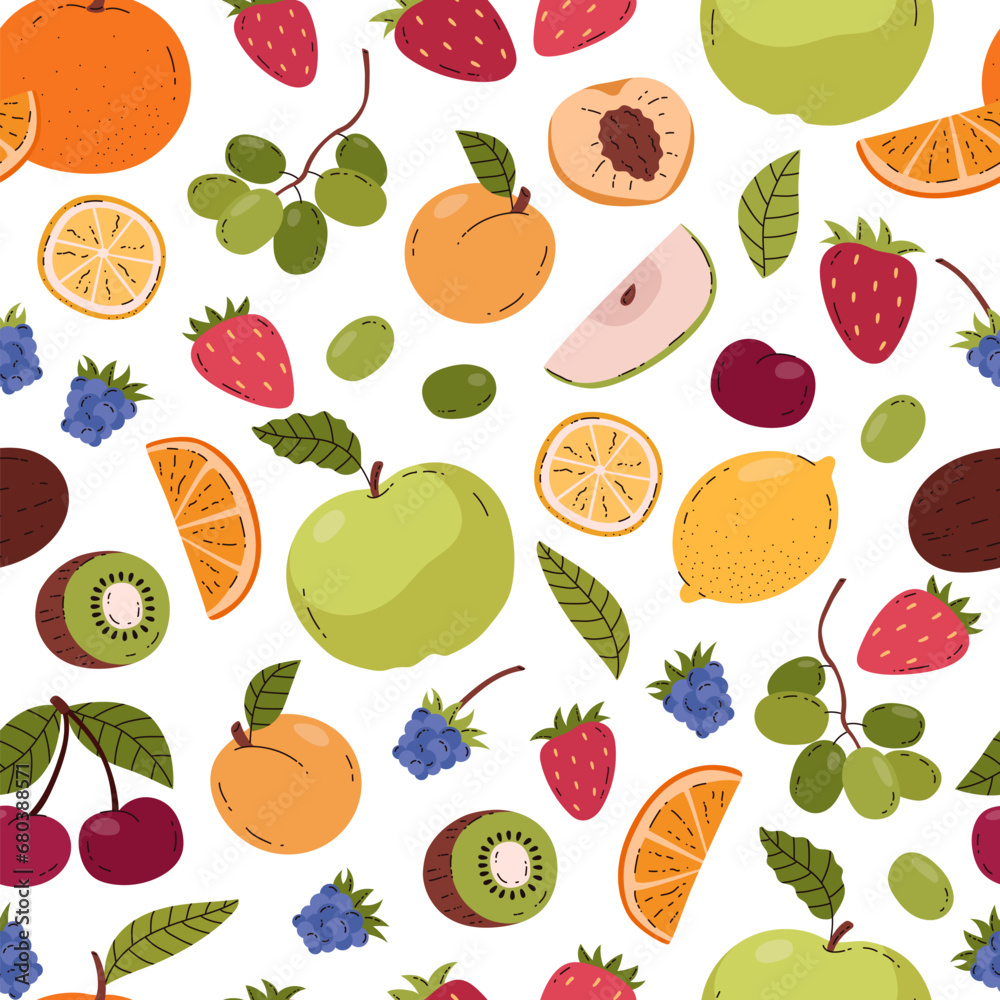 Seamless vector pattern with fruits and berries, juicy apricot, apple, strawberry, grapes, kiwi fresh natural vitamin Seamless vector pattern with fruits and berries, juicy apricot, apple, strawberry, grapes, kiwi fresh natural vitamin