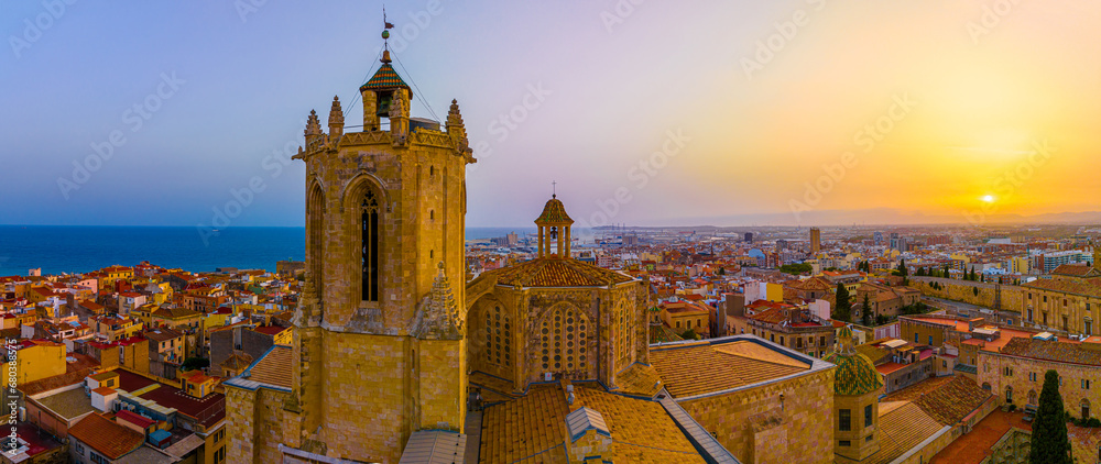 Aerial view of the Primatial Cathedral of Tarragona, a Roman Catholic church in Tarragona, Catalonia, Spain