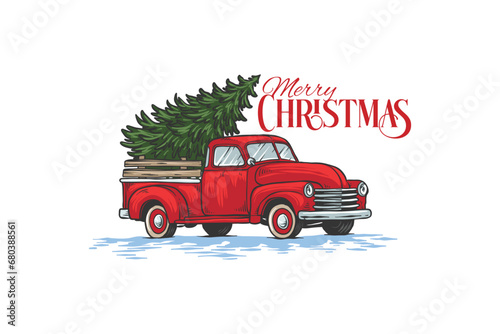 vector illustration of retro pickup truck with Christmas tree. writing of merry Christmas greetings
