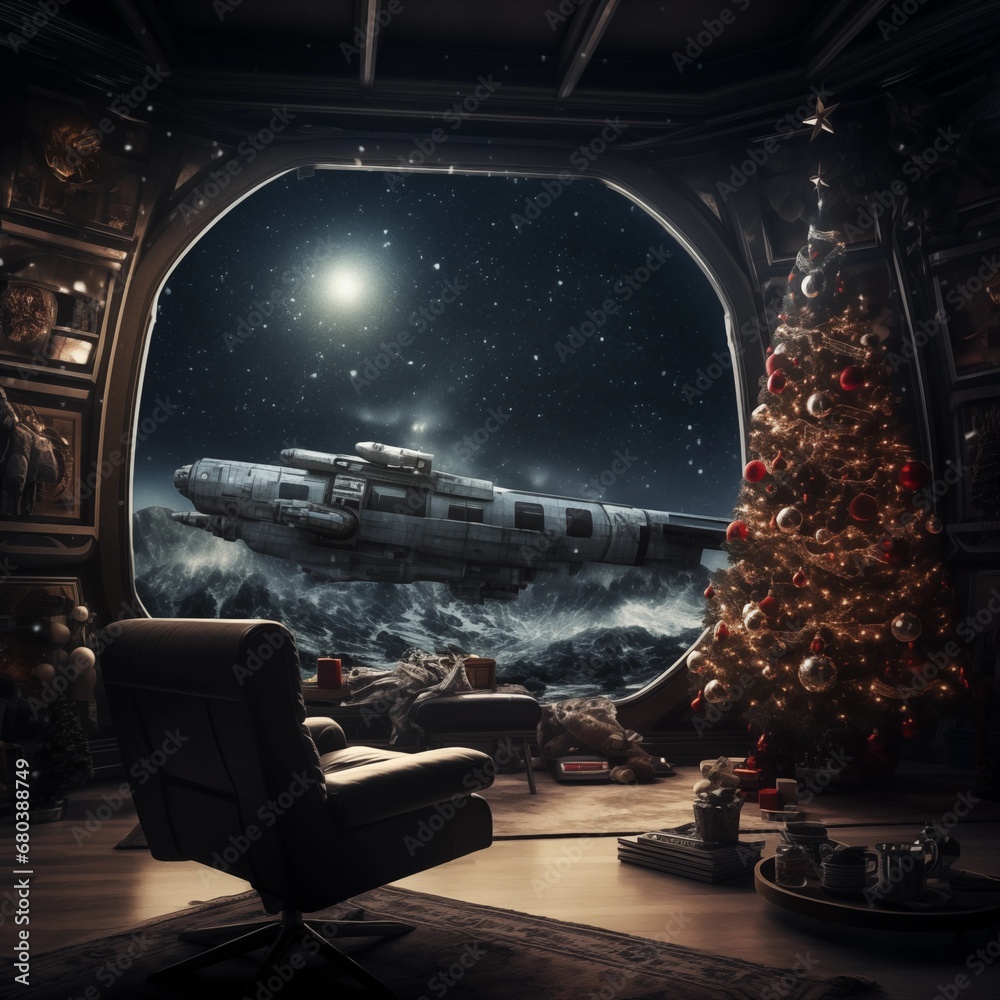 Naklejka premium a living room filled with furniture and a christmas tree, an epic space ship scene, sci fi engine room living room, sci fi setting, surreal sci fi set design, award winning scifi art, on the nostromo,