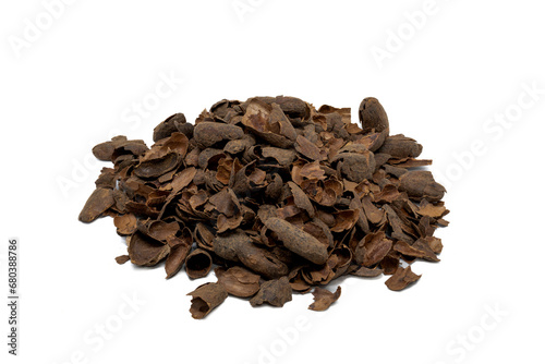 Cocoa husk to prepare infusion on white isolated background.