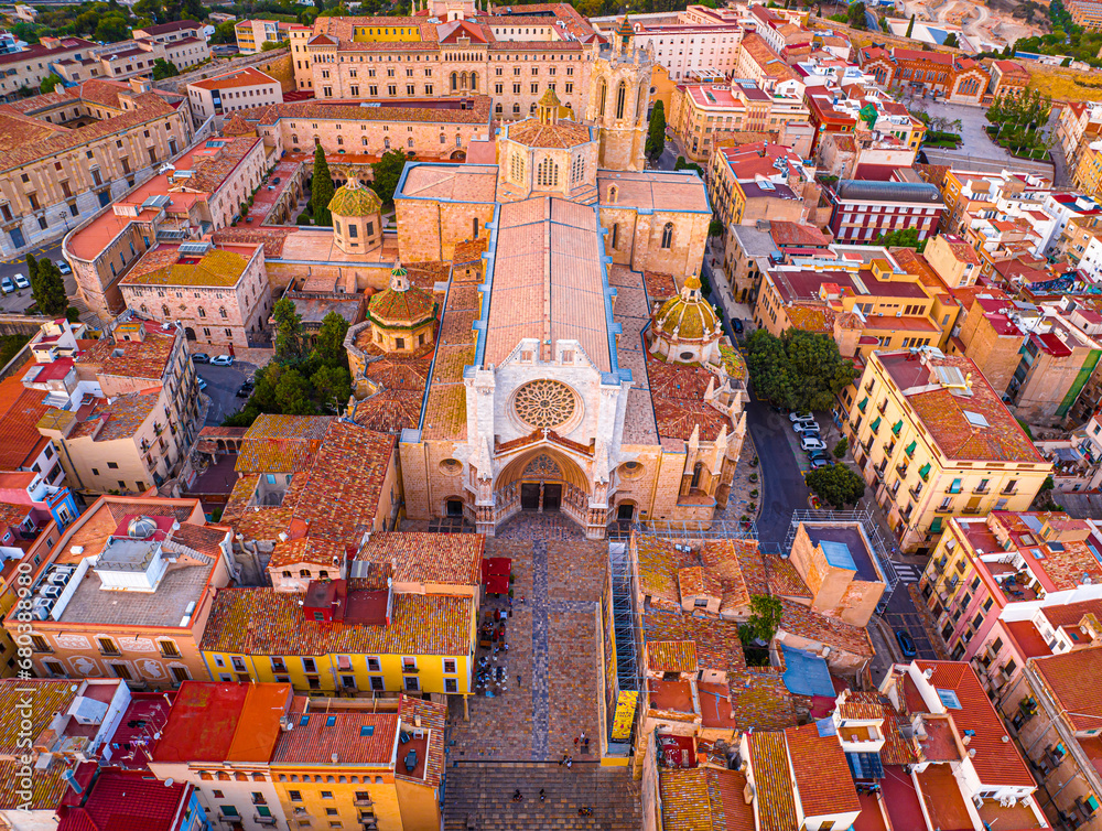 Aerial view of the Primatial Cathedral of Tarragona, a Roman Catholic church in Tarragona, Catalonia, Spain
