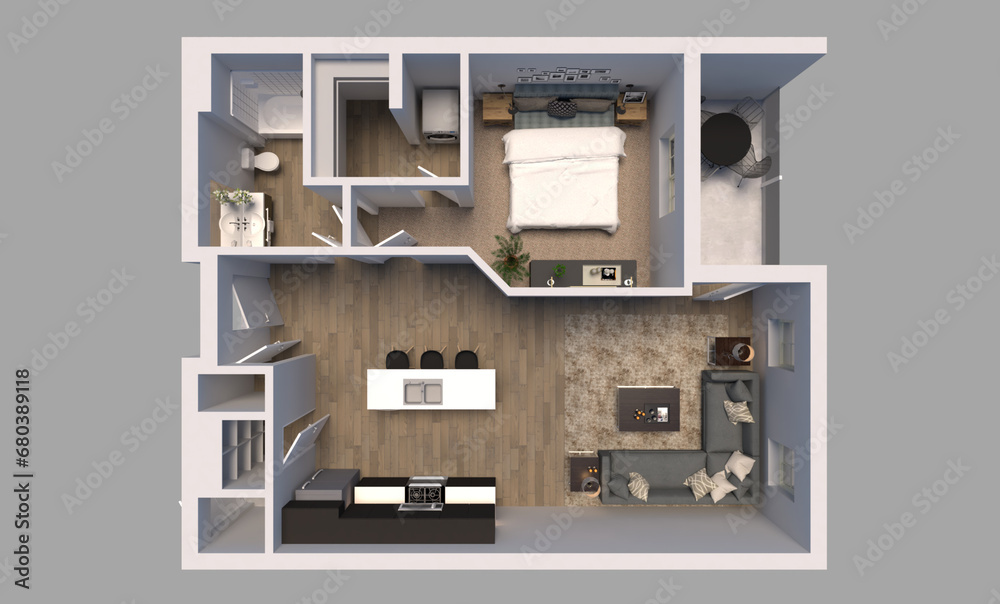 One bedroom 3D floor plan with rendering. One bedroom 3D floor plan with rendering.