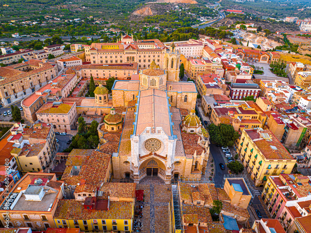 Aerial view of the Primatial Cathedral of Tarragona, a Roman Catholic church in Tarragona, Catalonia, Spain