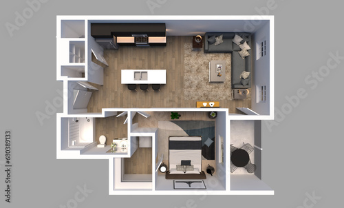 One bedroom 3D floor plan with rendering. 