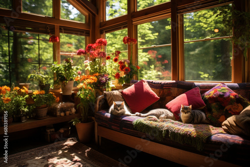 beautiful decorated  wooden room with cute cats sitting on couch  