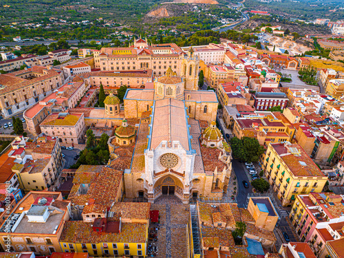 Aerial view of the Primatial Cathedral of Tarragona, a Roman Catholic church in Tarragona, Catalonia, Spain