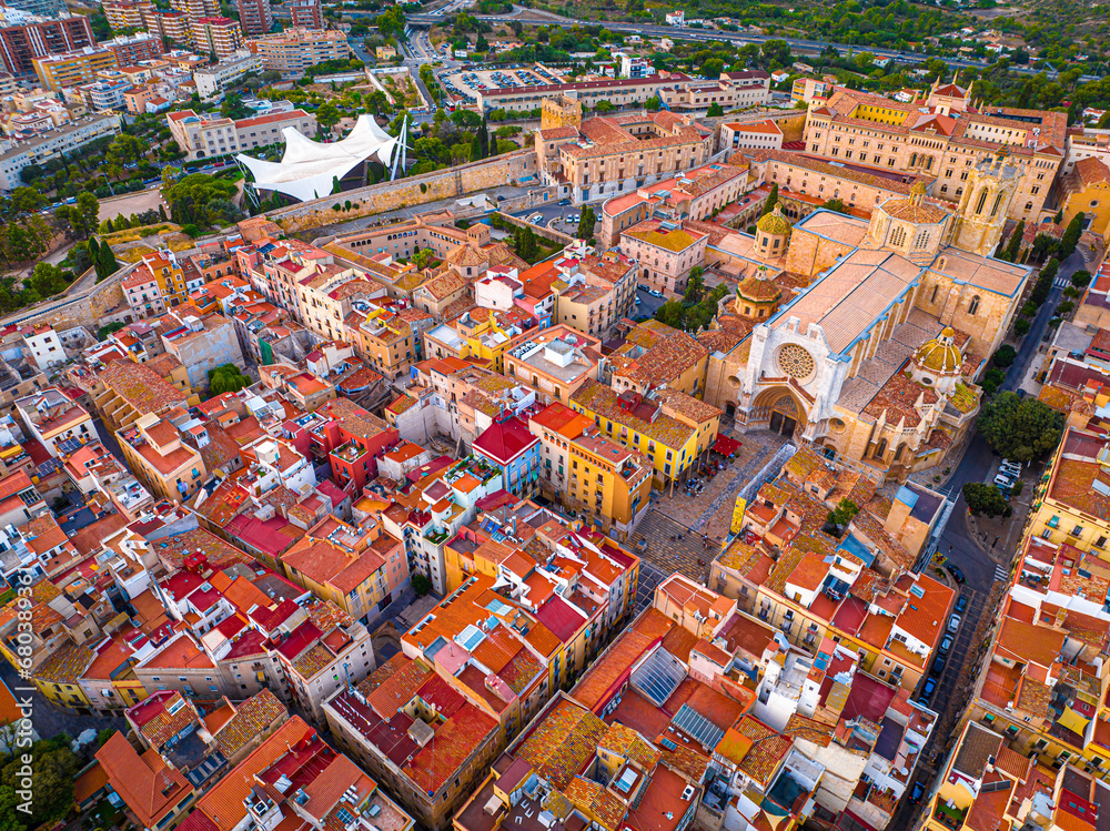 Aerial view of the Primatial Cathedral of Tarragona, a Roman Catholic church in Tarragona, Catalonia, Spain