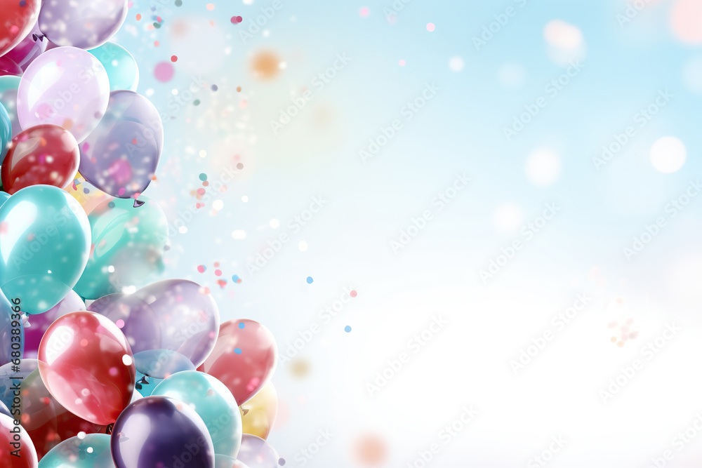 Colorful balloons with confetti and ribbons on a blue sky background. 