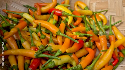 close-up of a bunch of yellow and red peppers in a basket