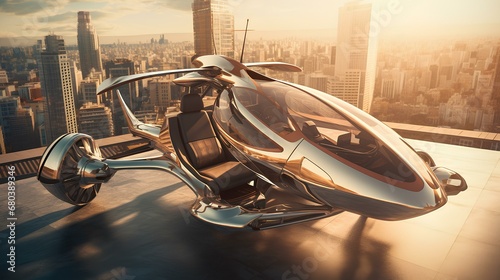 wide angle large view, a futuristic autogyro on the rooftops of a modern city, futurism, retro-futurism, sci-fi. generative AI