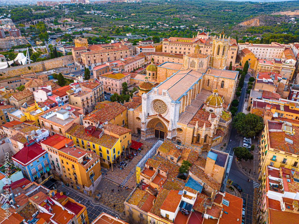 Aerial view of the Primatial Cathedral of Tarragona, a Roman Catholic church in Tarragona, Catalonia, Spain