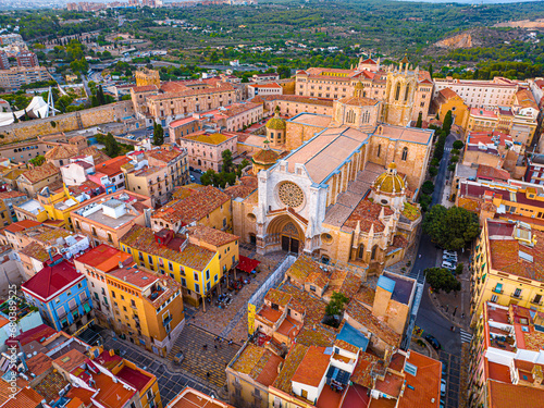 Obraz na płótnie Aerial view of the Primatial Cathedral of Tarragona, a Roman Catholic church in Tarragona, Catalonia, Spain w salonie