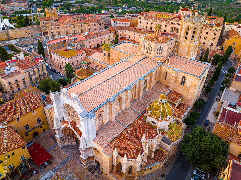 Aerial view of the Primatial Cathedral of Tarragona, a Roman Catholic church in Tarragona, Catalonia, Spain