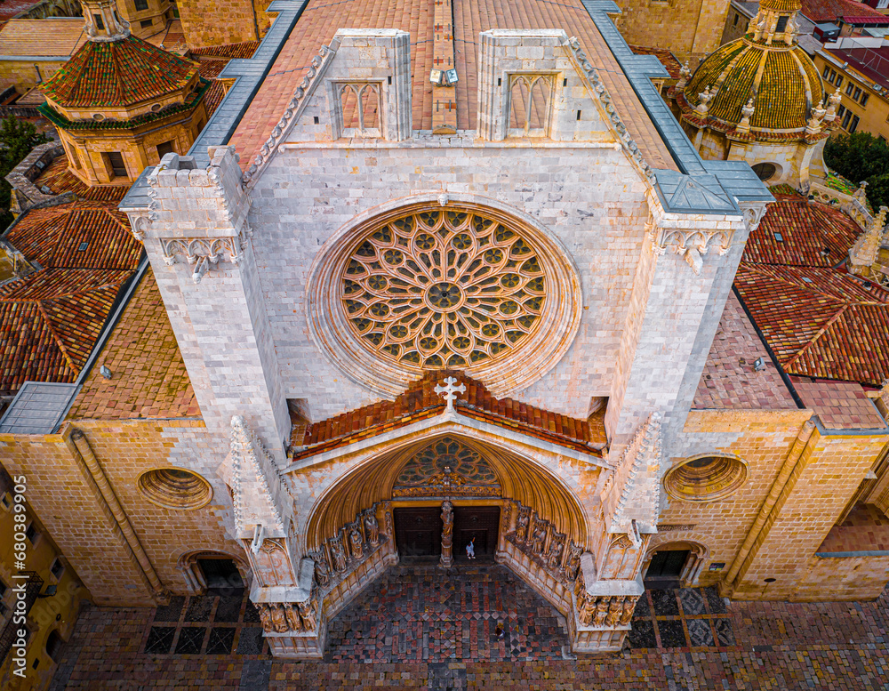 Aerial view of the Primatial Cathedral of Tarragona, a Roman Catholic church in Tarragona, Catalonia, Spain