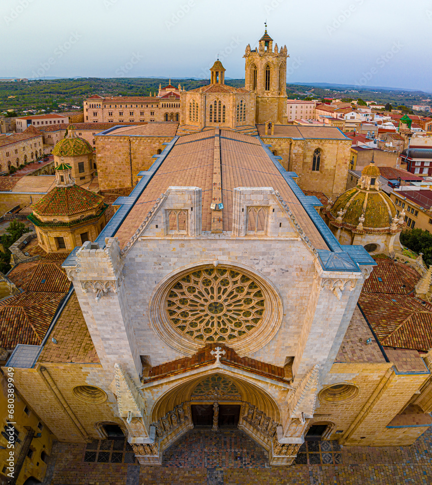 Aerial view of the Primatial Cathedral of Tarragona, a Roman Catholic church in Tarragona, Catalonia, Spain