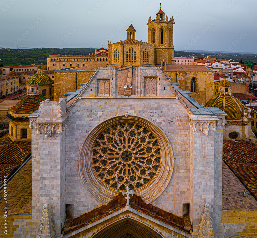 Aerial view of the Primatial Cathedral of Tarragona, a Roman Catholic church in Tarragona, Catalonia, Spain