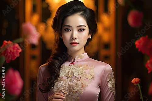 a beautiful Vietnamese woman in traditional Ao Dai dress photo