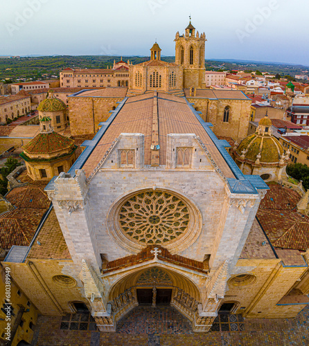 Obraz na płótnie Aerial view of the Primatial Cathedral of Tarragona, a Roman Catholic church in Tarragona, Catalonia, Spain w salonie