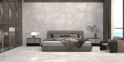 Grey bedroom interior, bed linens and pillows, front view, carpet and marble concrete floor near window with city view on Singapore. Cozy bedroom with large wardrobe, 3D Rendering photo