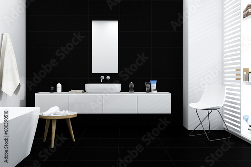 Corner of attic bathroom with black walls  concrete floor  comfortable white bathtub and white sink standing on white wooden shelf with square mirror. 3D Rendering