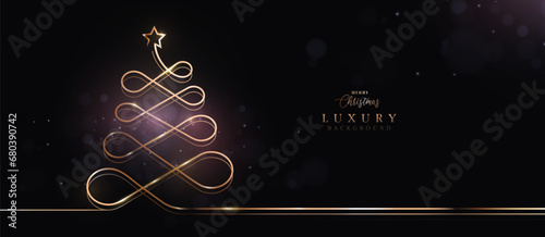 Golden line Christmas tree on Bokeh lights background. Luxury holiday banner. Vector illustration