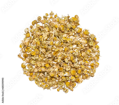 top view flat lay dry chamomile camomile flower leaves isolated on white background. pile of dry chamomile or camomile flower leaves isolated. dry chamomile or camomile flower leaves for healthy tea 