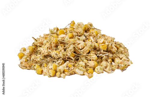 dry chamomile or camomile flower leaves isolated on white background. pile of dry chamomile or camomile flower leaves isolated. heap of dry chamomile or camomile flower leaves for healthy tea  photo