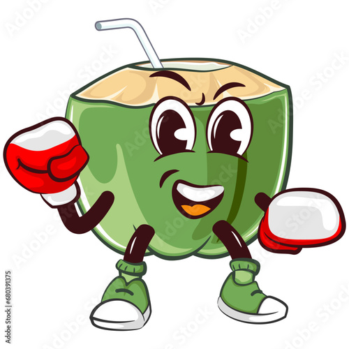 mascot character coconut drink with straw with funny face practicing boxing by wearing boxing gloves, isolated cartoon vector illustration. emoticon, cute coconut mascot