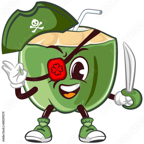 mascot character of coconut drink with a straw with a cute one-eyed face, wearing a pirate hat and carrying a dager, isolated cartoon vector illustration. emoticon, cute coconut mascot photo