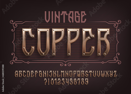 Vintage Copper alphabet font. Riveted letters and numbers. Stock vector typeface for your design.