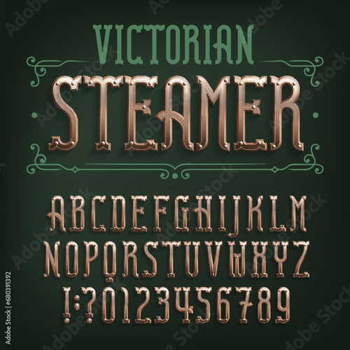 Victorian Steamer alphabet font. Riveted vintage letters and numbers. Stock vector typescript for your design.