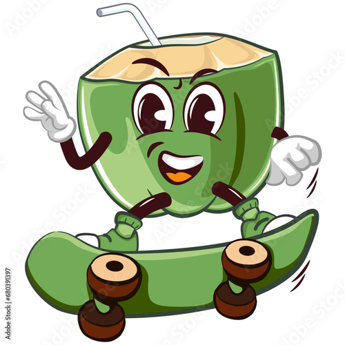 mascot character of coconut drink with straw with funny face sliding with skateboard, isolated cartoon vector illustration. emoticon, cute coconut mascot