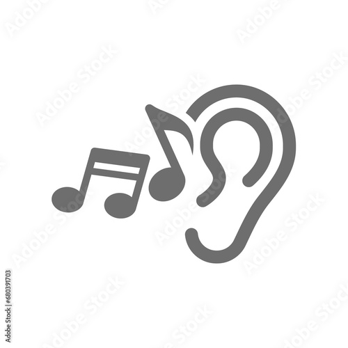 Human ear and music notes vector icon. Listening to music symbol.