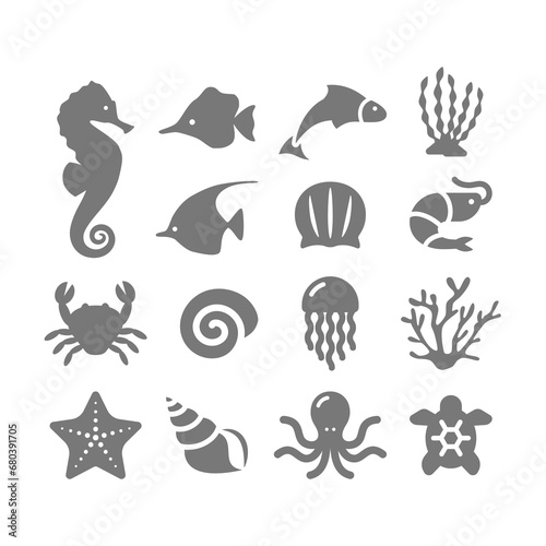 Marine or sea life, octopus and sea horse vector icons. Fish, shell and jellyfish icon set.