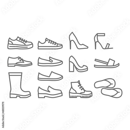 Shoes, men and women vector icon set. High heels, sneakers and boots shoe icons. Editable line.