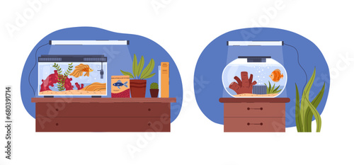 Glass home aquarium and fishbowl with goldfish, corals, algae and accessories, cartoon marine pet vector set