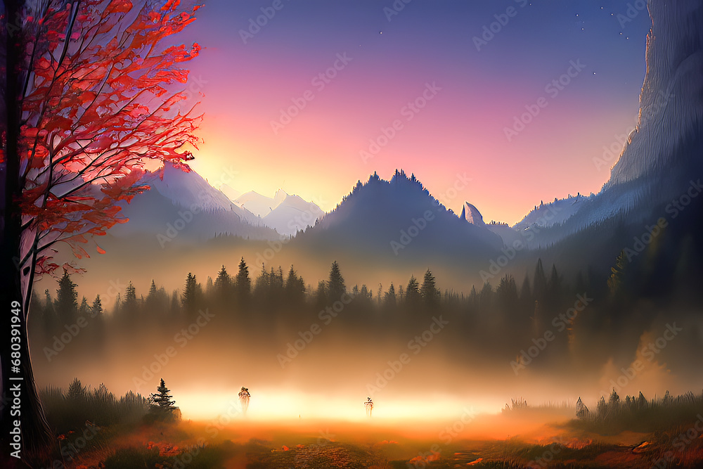 Incredibly village in forest mountains, Coniferous trees in the fog, beautifull lighting - obrazy, fototapety, plakaty 